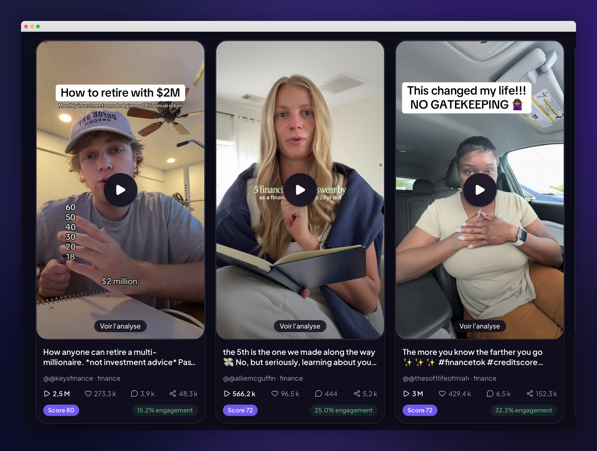Bibliothèque ViralView : vidéos TikTok virales avec vues, likes, partages et score de viralité