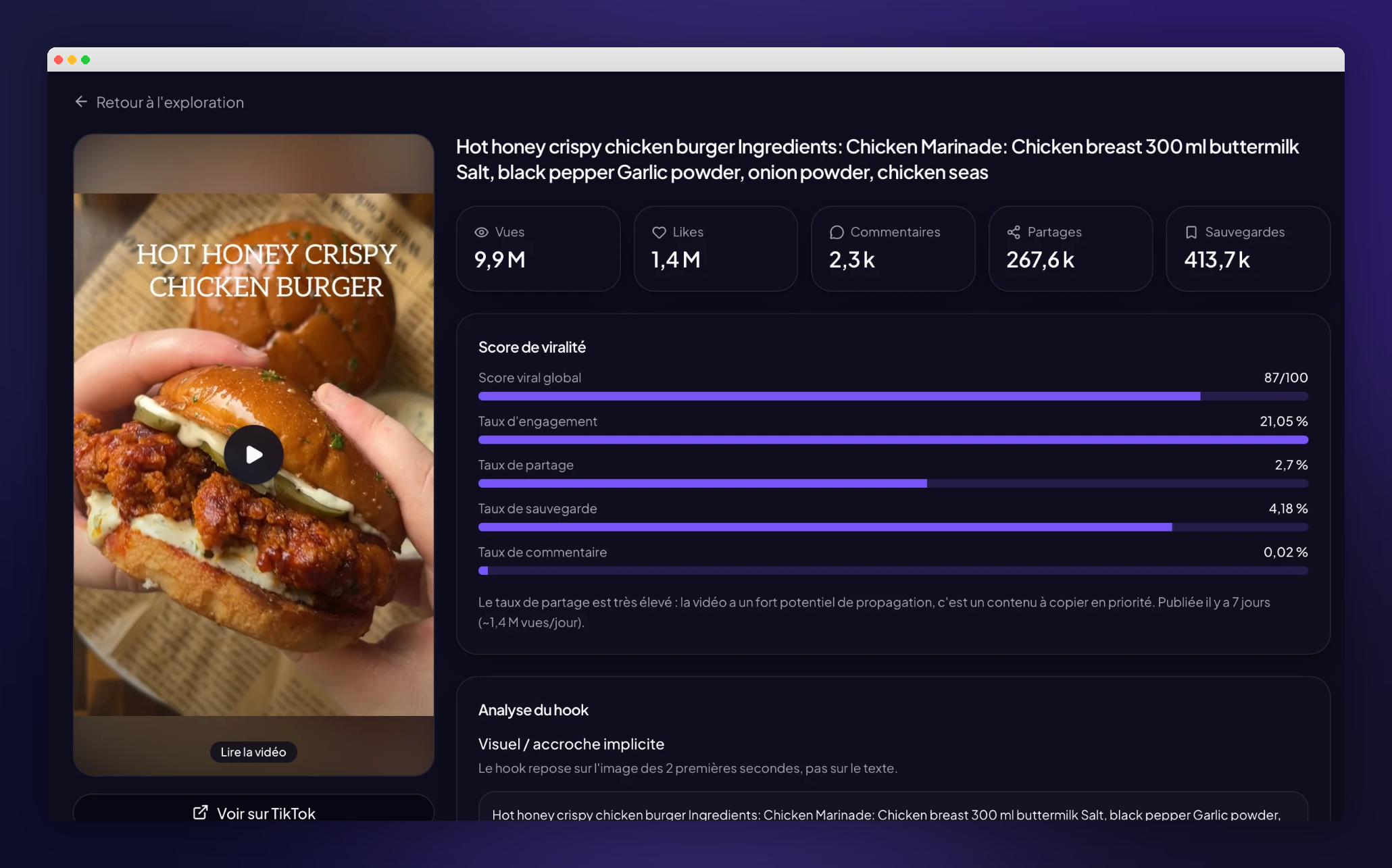 Fiche d'analyse ViralView : score de viralité, métriques et analyse du hook d'une vidéo TikTok